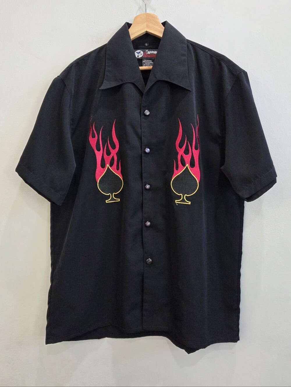 Vintage Y2K Sapphire Lounge Button Shirt Black Spade Embroidered Flames Large